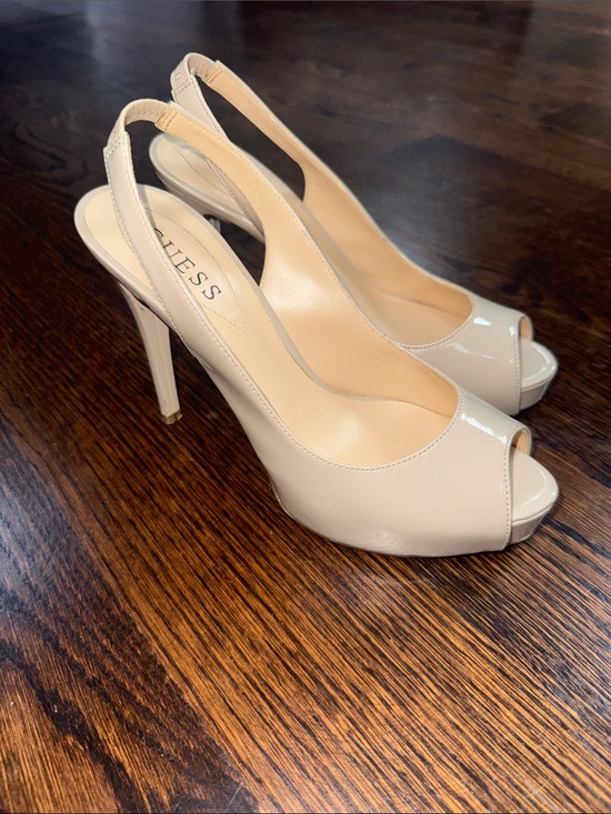 Guess Shoes - Guess Women's Nude Peep Toe Faux Patent Leather Stiletto Heels Pumps Size 7.5